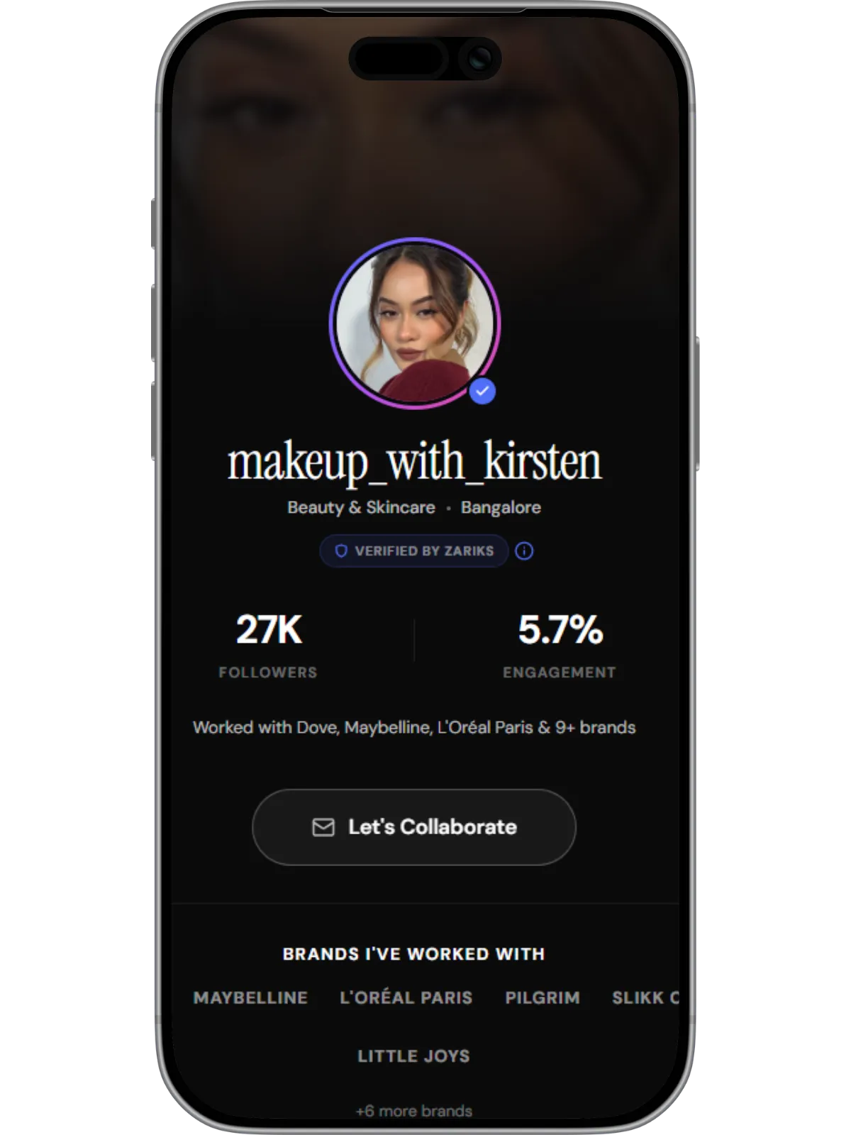 Real creator profile on Zariks — stats, engagement, and brand collabs in one link